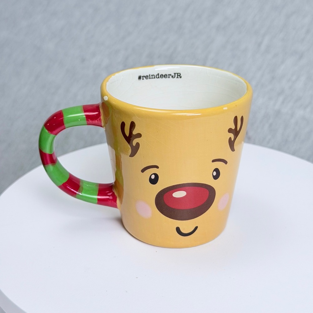 Global Design Connections Reindeer JR Coffee Mug Yellow Red Green Striped Handle